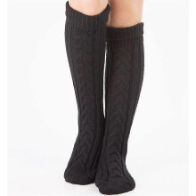 (Black) Calze a maglia costata alte fino al ginocchio in lana, elastiche e calde per autunno inverno, da abbinare a stivali e gonne