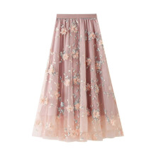 (pink) Dames lange tule tutu rok, hoog taille tule midi swing rok, 3D bloemen borduurwerk, roze, voor dagelijks gebruik lente zomer