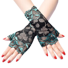 (Green) Guantes sin dedos de encaje, bordado floral calado, protección UV contra el sol, para boda fiesta conducción, varios colores