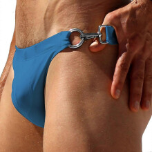 (sea blue, M) Slip da nuoto uomo a sgancio rapido, chiusura metallica su un lato, vita bassa, asciugatura rapida, per spiaggia e surf