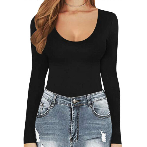 (Black, S) Women's Double Lined Crew Neck Long Sleeve Bodysuit, Snap Crotch Closure, Soft Stretchy Basic Top, Multiple Sizes Colours 1