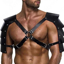 (Black, A) Steampunk schouderharnas met gesp, verstelbaar borstharnas voor heren, PU-leer, ridder cosplay voor Halloweenfeest, zwart, one size