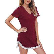 (Wine Red, S) Camisa de dormir de mujer con manga corta y cuello en V, mezcla de algodón y poliéster, para descanso y uso diario en casa