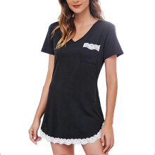 (Black, M) Camisa de dormir de mujer con manga corta y cuello en V, mezcla de algodón y poliéster, para descanso y uso diario en casa