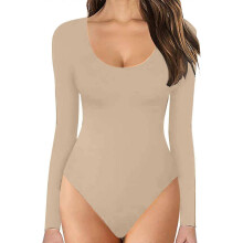 (Khaki, M) Dames Dubbelgeweven Ronde Hals Lange Mouw Bodysuit, Zachte Rekbare Stof, voor Dagelijks Gebruik en Casual Gelegenheden