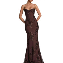 (brown, XL) Dames Maxi Jurk zonder mouwen, open rug met bandjes, geschikt voor cocktailfeest en bruiloftsgast, polyester