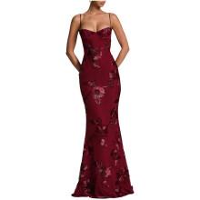 (Burgundy, M) Dames Maxi Jurk zonder mouwen, open rug met bandjes, geschikt voor cocktailfeest en bruiloftsgast, polyester