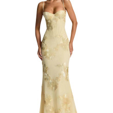 (light yellow, M) Dames Maxi Jurk zonder mouwen, open rug met bandjes, geschikt voor cocktailfeest en bruiloftsgast, polyester
