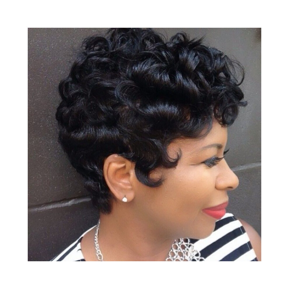 Hue-Grain (Black) Short Curly Synthetic Wig For Women - Black