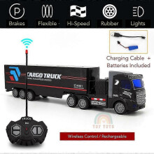 (Black, Container) Remote Control Semi-Truck Toy with Simulated Lighting, Rechargeable Battery for 80-Min Playtime, Container Trailer