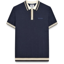 (L, Navy) Lambretta Mens Baggio Tipped Knit Short Sleeve Polo Shirt