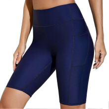 (Dark Blue, M) Short de surf pour femme, taille haute avec poche, coutures anti-frottement, en polyester pour sports nautiques