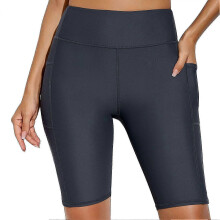 (Gray, XL) Short de surf pour femme, taille haute avec poche, coutures anti-frottement, en polyester pour sports nautiques