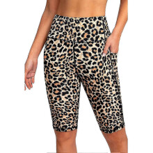 (Leopard Print, L) Short de surf pour femme, taille haute avec poche, coutures anti-frottement, en polyester pour sports nautiques