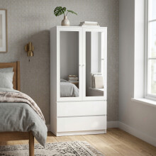 (White) Mirrored Double Wardrobe with Drawers - 2 Door Bedroom Wardrobe with Shelves & Hanging Rail (90 cm W x 50 cm D x 180 cm H)