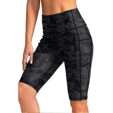 (Black Camouflage, L) Short de surf pour femme, taille haute avec poche, coutures anti-frottement, en polyester pour sports nautiques
