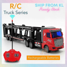 (Black Red, Container) Remote Control Semi-Truck Toy with Simulated Lighting, Rechargeable Battery for 80-Min Playtime, Container Trailer