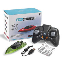 (Green) Bateau de course télécommandé 2,4 GHz avec lumières LED pour piscines intérieures, portée de 15 m
