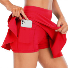 (Red, M) Falda de tenis mujer de cintura alta, con bolsillos para teléfono y pantalón interior, para golf y deportes al aire libre
