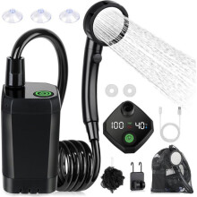 Draagbare, oplaadbare elektrische campingdouche van 6000 mAh – temperatuurweergave en batterij, 4 standen, PP-filter