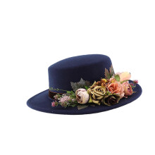 (Navy blue) Dameshoed met elegante bloemen, platte brede rand van polyester, voor dagelijkse uitjes en bruiloften, zwart, hoofdomtrek 56-58cm