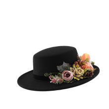 (Black) Sombrero de señora floral de ala ancha, para salidas diarias, bodas y viajes, circunferencia de cabeza 56-58 cm, poliéster, color negro