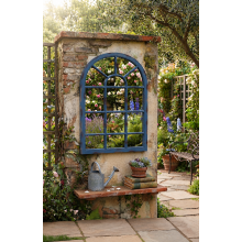 Arch Window Pane Mirror Blue Rustic Framed 69x34Cm