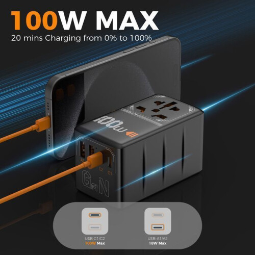 TESSAN 100W GaN Διεθνής Ταξιδιωτικός Προσαρμογέας με Universal Price, 2 USB A και 2 USB C, Ταχυφο 2