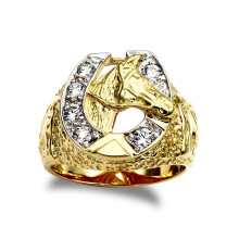 (V) Jewelco London Men's Solid 9ct Yellow Gold White Round Brilliant Cubic Zirconia Horse Head Horseshoe Ring - JRN047