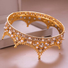 (Gold) New Retro Elegent Baroque Bridal Crown Glitter Crystal Imitation Pearl Circle Crowns Women Princess Wedding Accessories