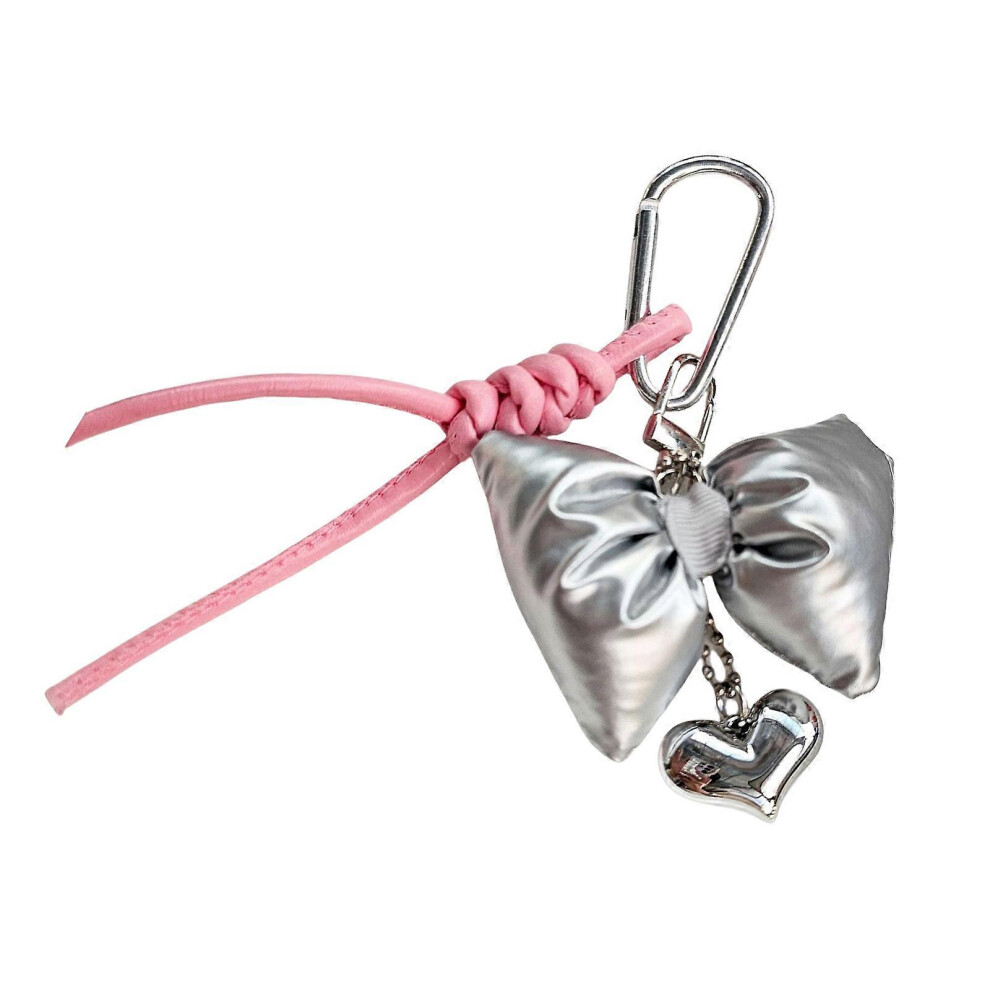 ( Bow Leat) Leather Heart Bows Pendant Keychain Women Girls Handbags Phone Case Charm Silver/Pink 4112635122463