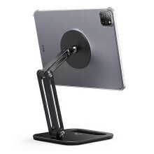 (Black) BONERUY C47 Magnetic Tablet Stand Dual Arm Foldable Aluminum Alloy Desktop Mount Holder