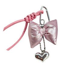 (Pink bow leather rop) Portachiavi con ciondolo a forma di cuore e fiocco in pelle, ideale per borse da donna e ragazza o custodie per cellulari.