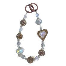 (Coffee color) Braccialetto con ciondolo e cordino per cellulare con perline viola e strass.