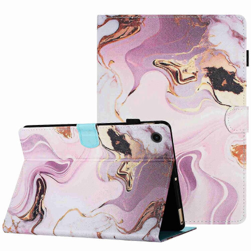 (Gold Pink, For Samsung Galaxy Tab A9) Marble Pattern Stitching Smart Leather Tablet Case