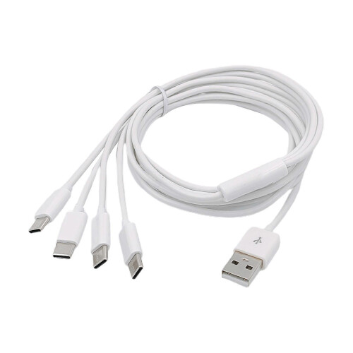 (White) Nylon Braided USB-C Splitter Cable with 4 Type-C Male Fast Charging Black