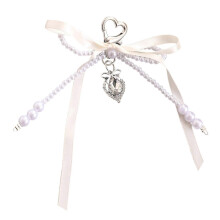 (White) Beaded Bowknot Anti Lost Phone Wrist Strap Handfree Lanyard Black