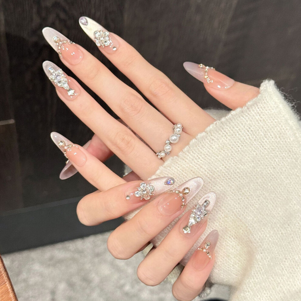 Roc-Electron (3305 Short Oval, Xs) 10Pcs Pink Glitter Press-On Nails With Rhinestones