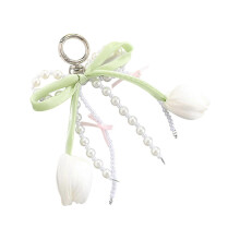 (White) Ciondolo per cellulare con catena di perline e design floreale alla moda, decorazione pratica 1