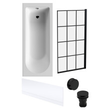 Round Single Ended 1700x700 Bath Set - Front Bath Panels & Black Square Framed Screen & Black Waste