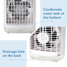 Witte draagbare luchtkoeler 4-in-1 met ventilator, 700 ml watertank, 4 snelheden en 7-kleuren LED-verlichting.