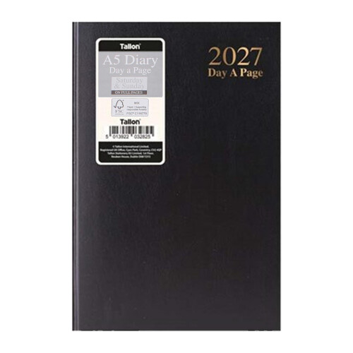 2027 A5 Diary Hardback Day a Page Full Sat/Sun 3282 - Black