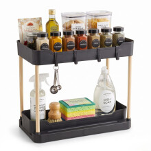 (Black) 2 Tier Sliding Rack w/ Hooks Under Sink