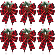 12PCS Christmas Black Red Bow with Pine Cones Pine Needles Xmas Checkered Ribbon Bow Christmas Tree Decoration Bows
