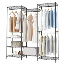 (Black) 174cm 4 Rail Wire Garment Rack with 8 Shelves