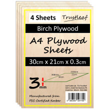 Trustleaf 3mm Birch Plywood A4-300x210x 3mm - (Pack of 4) Laserable Low Fume E1