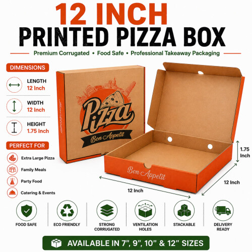 FR Enterprises - 12 inch Printed Cardboard Pizza Boxes - Lightweight Disposable 1