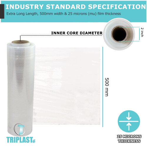 Triplast 500mm Heavy Duty Clear Pallet Stretch Wrap - Extra Long Roll, Standard 1