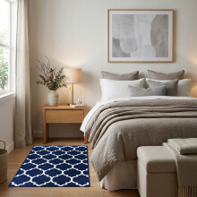 (60x110cm (Bedside Rug), Ava Navy) BedLooms Crystal Printed Rugs - Soft Pile Non Slip Carpet for Living Room Bedrooms UK
