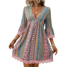 Women Printed V Neck Lace Trim 3/4 Sleeve Loose Casual Tunic Dress Summer Beach Vacation Dress Element 5- M